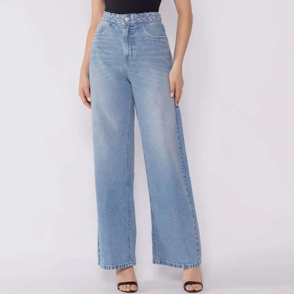 Calça Jeans Feminina Wide Leg Cós com Trança Patricia Foster Azul Claro