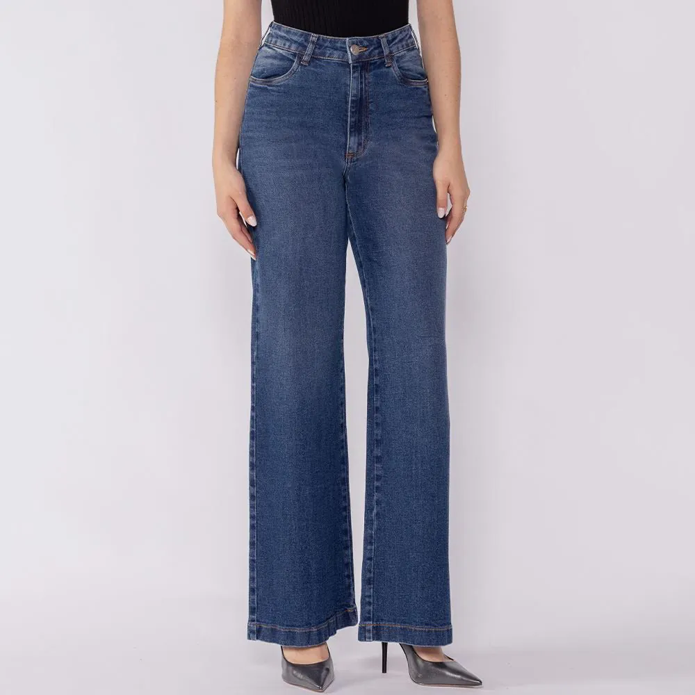Calça Jeans Feminina Wide Leg Patricia Foster Azul Medio