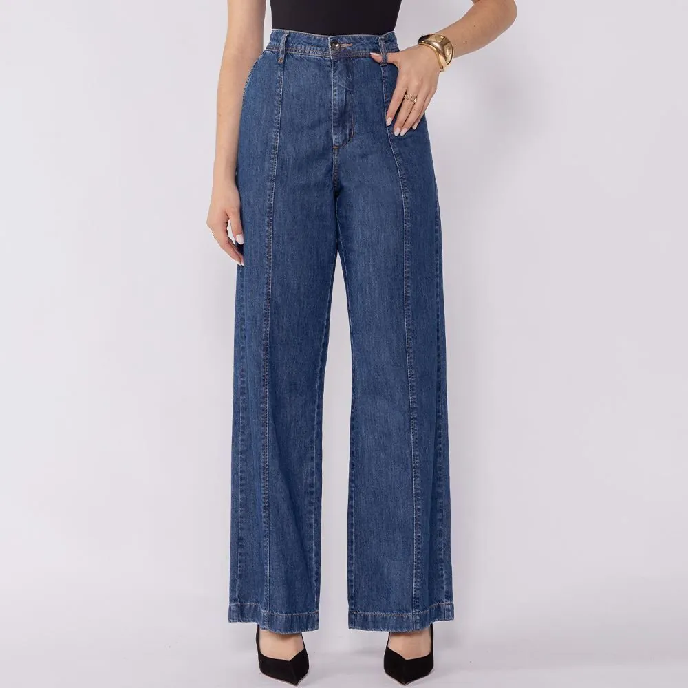 Calça Jeans Feminina Wide Leg Patricia Foster Azul Medio