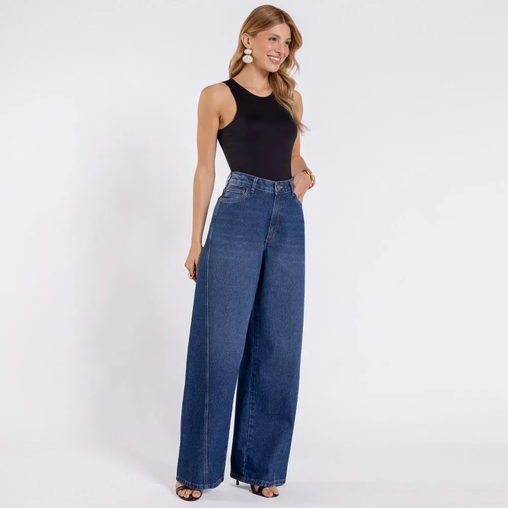 Calça Jeans Feminina Wide Leg Patricia Foster Azul Medio