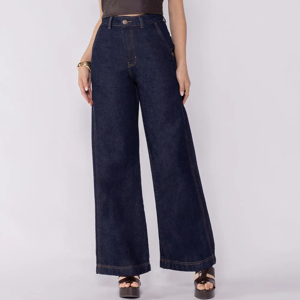Calça Jeans Feminina Wide Leg Patricia Foster Amaciada