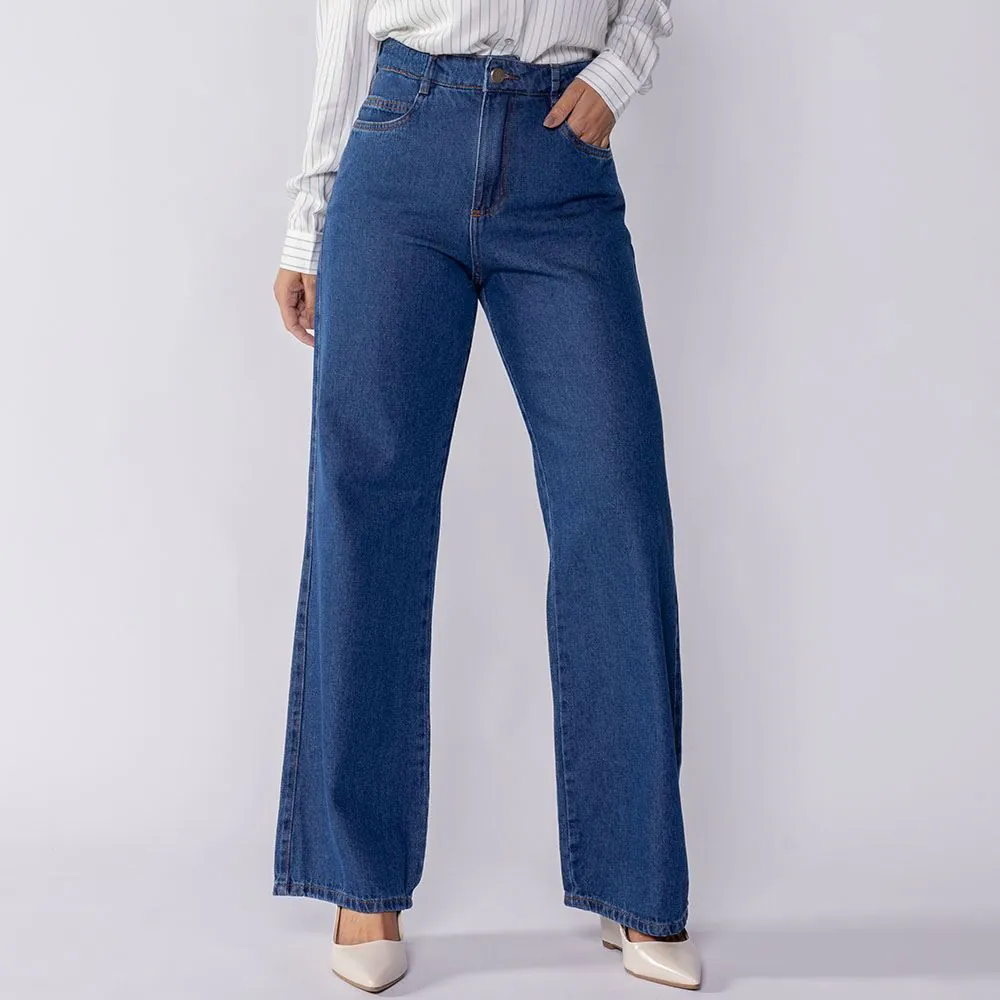Calça Jeans Feminina Wide Leg Patricia Foster Azul Medio