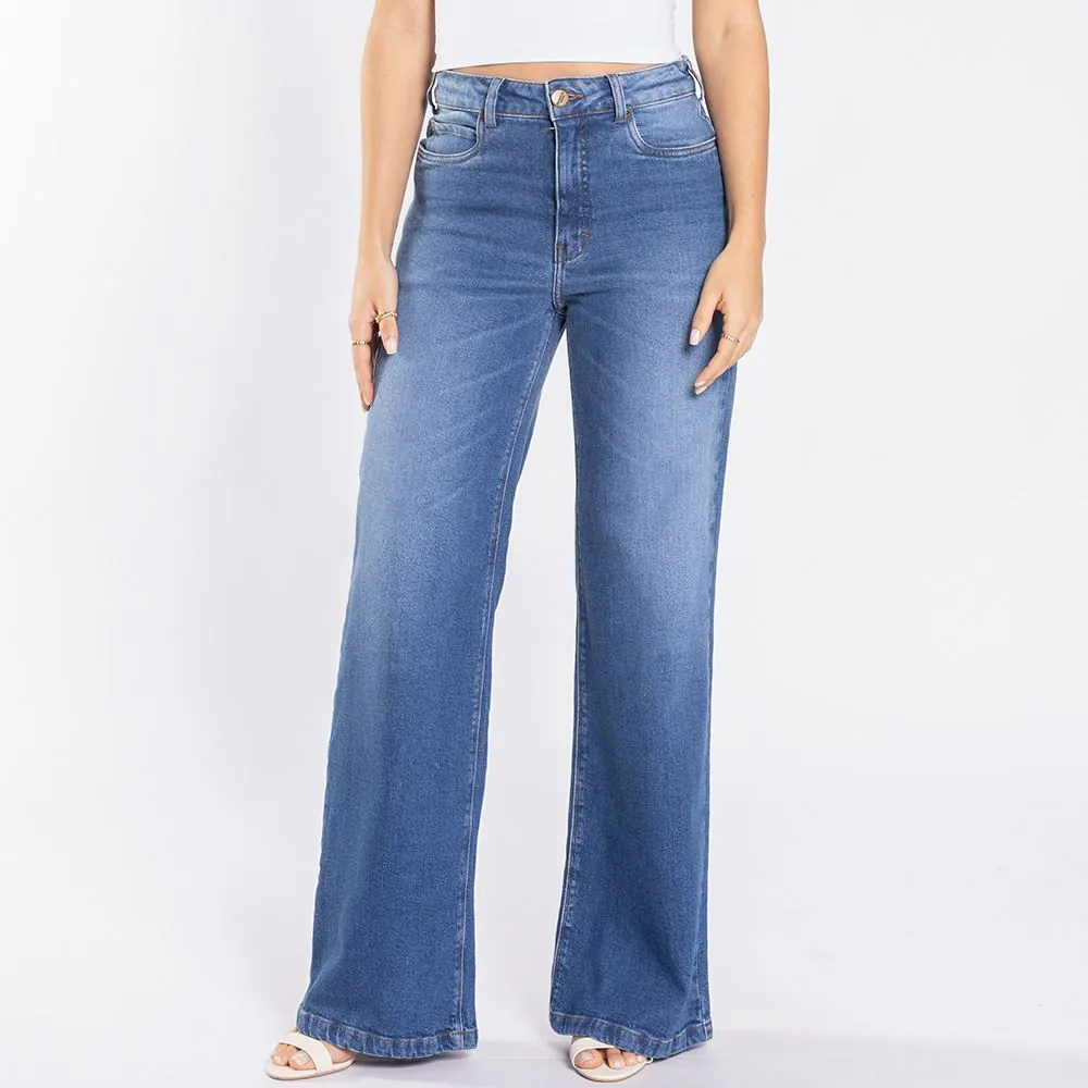 Calça Jeans Feminina Wide Leg Premium Patricia Foster Azul Medio