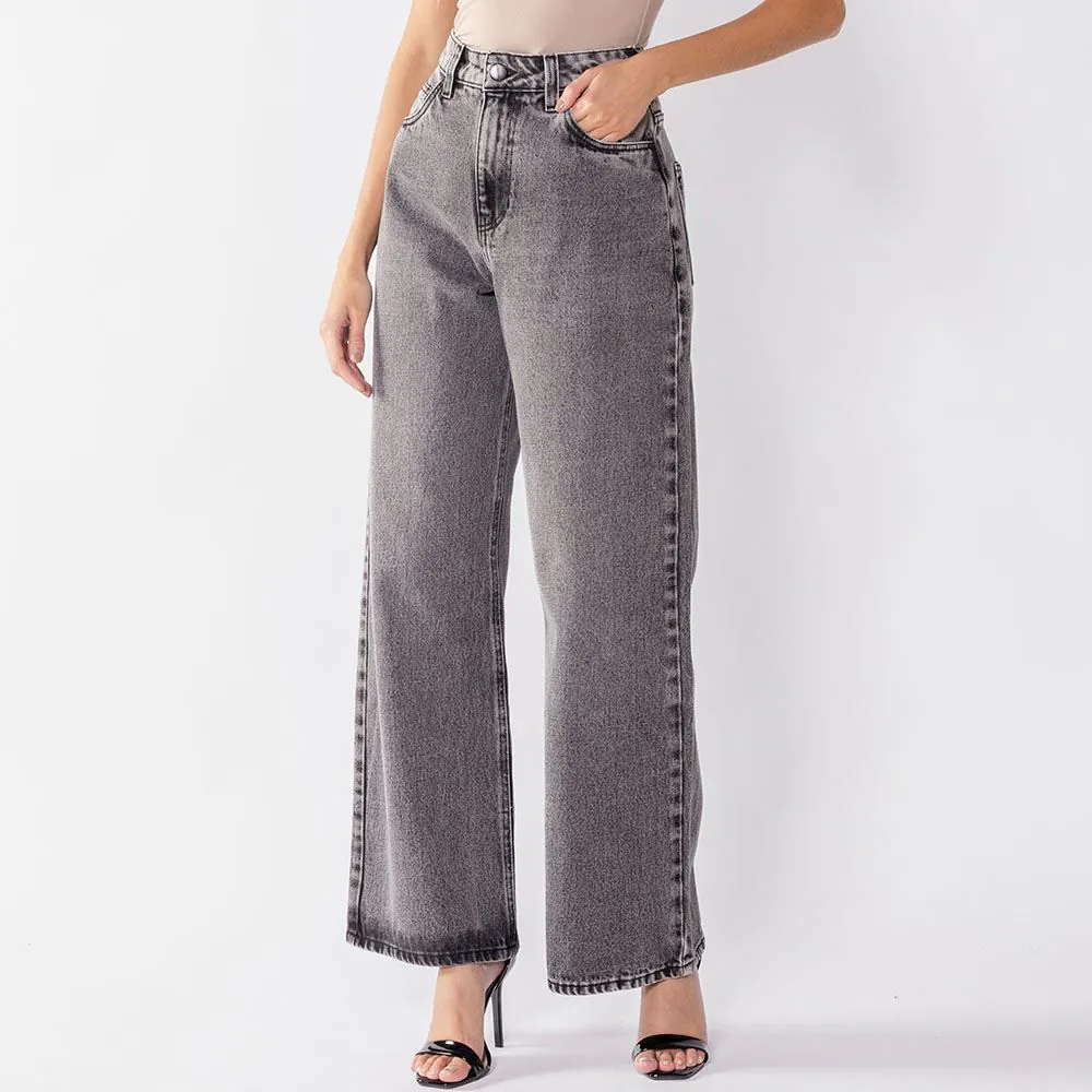 Calça Jeans Feminina Wide Leg Reta Boby Blues Preto Estonado