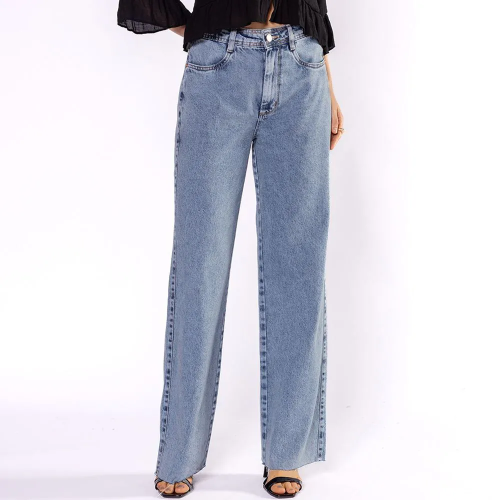 Calça Jeans Feminina Wide Leg Reta Patricia Foster Azul Medio