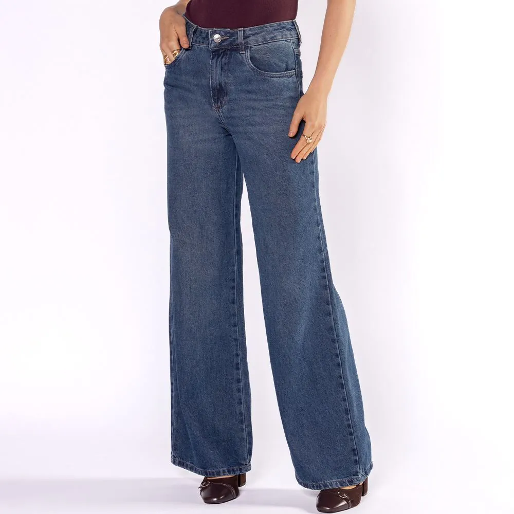 Calça Jeans Feminina Wide Leg Sawary Azul Escuro