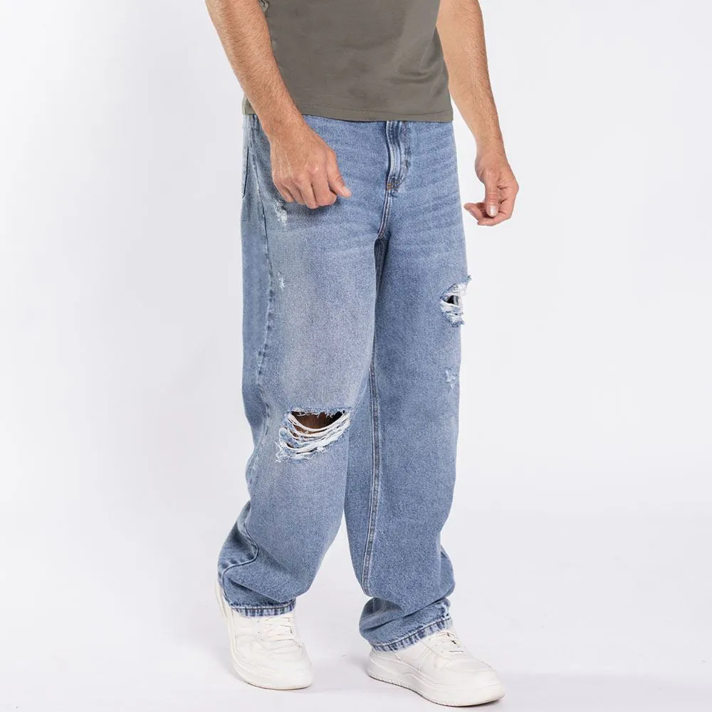 Calça Jeans Masculina Baggy Destroyed Thing Azul Medio