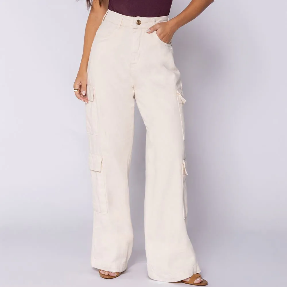 Calça Jeans Wide Leg Cargo Boby Blues Linho