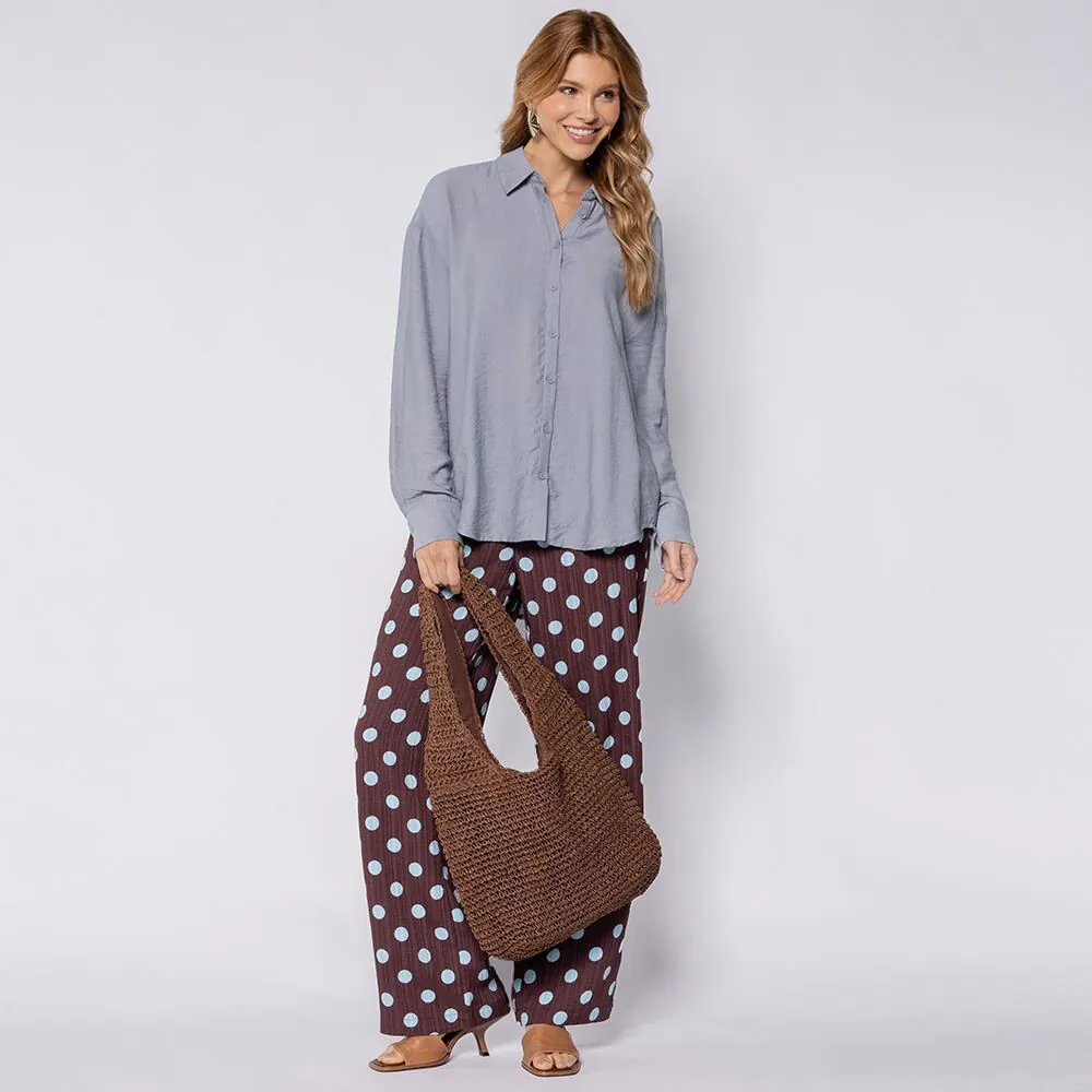 Calça Pantalona Estilo Pijama Boby Blues Poa Marrom/Azul
