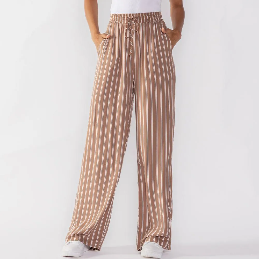 Calça Pantalona Estilo Pijama Listrada Patricia Foster Amendoa