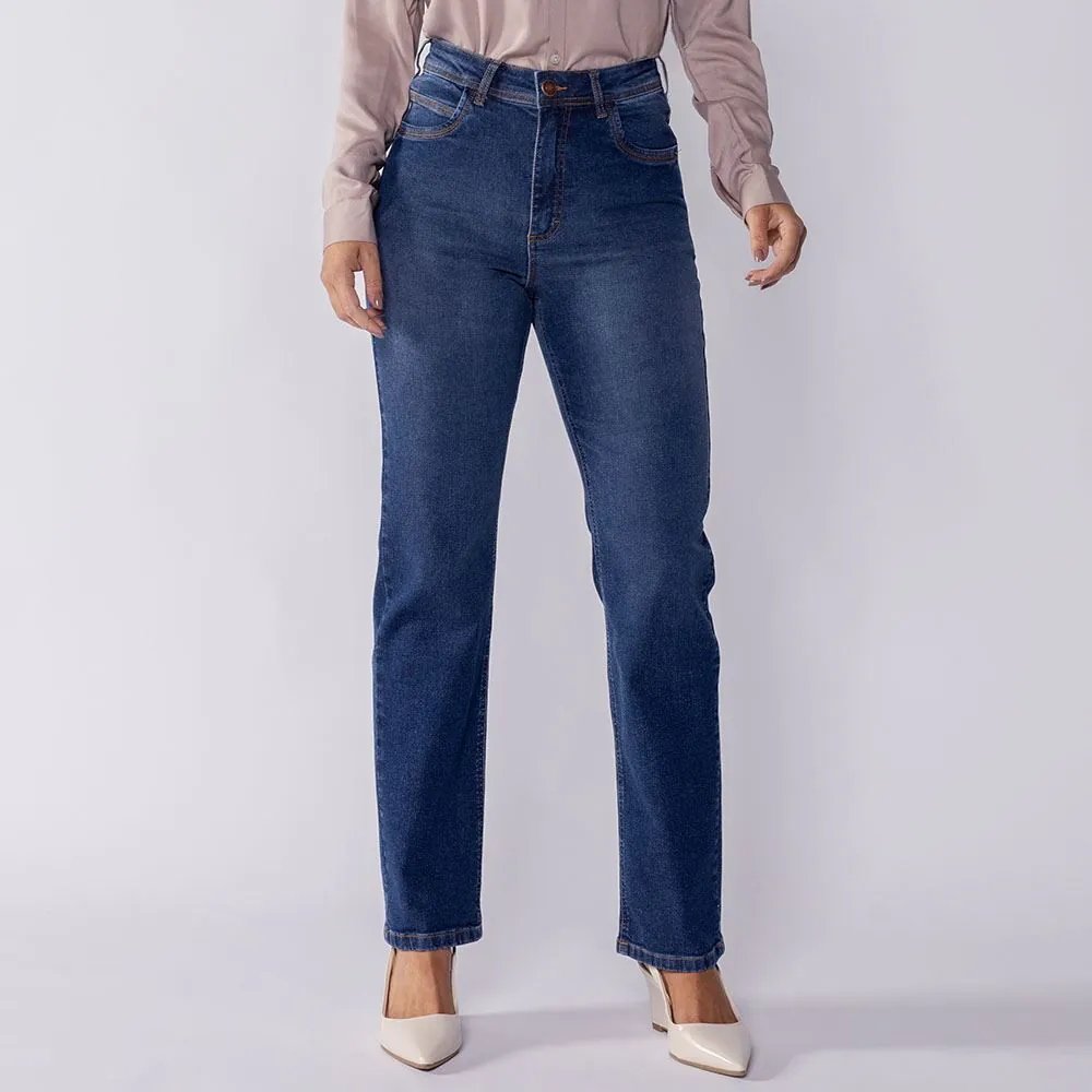 Calça Jeans Reta Feminina Patricia Foster Azul Medio