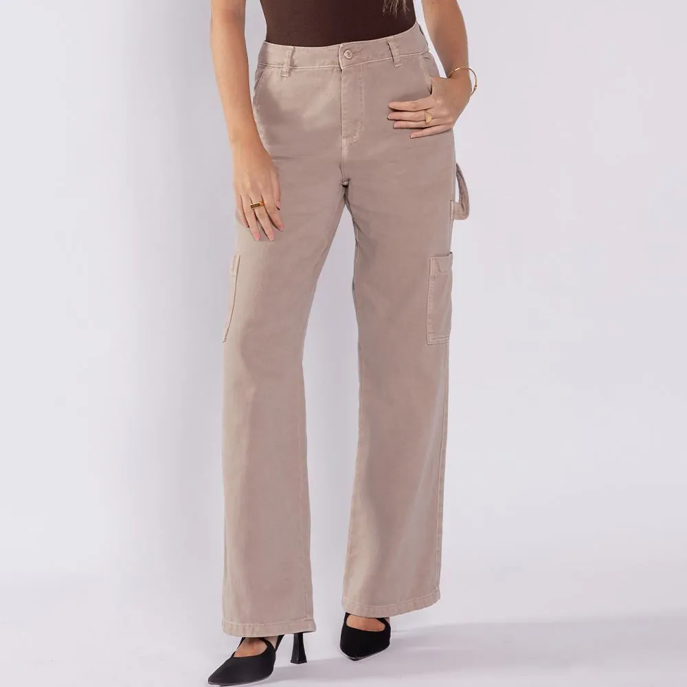 Calça Wide Leg Feminina com Bolso Cargo Sawary Caqui