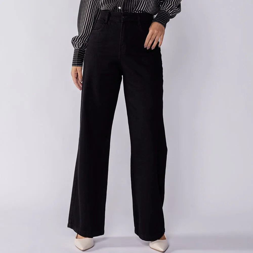 Calça Jeans Feminina Wide Leg Patricia Foster Preto