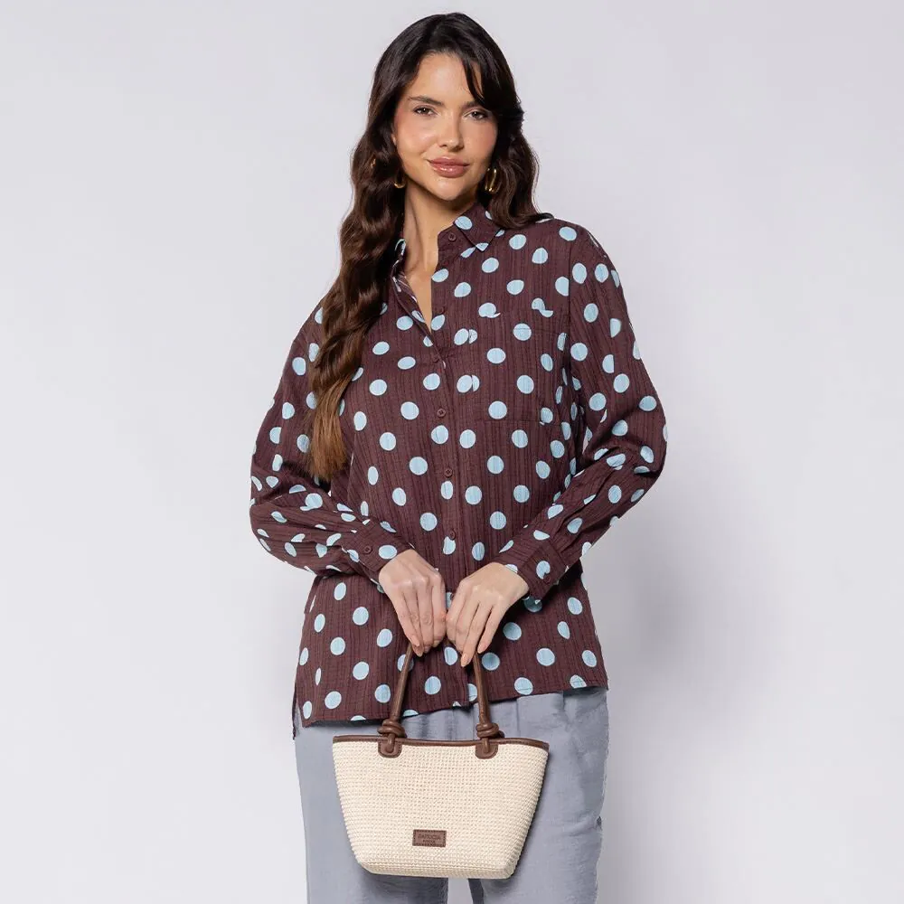 Camisa Feminina Alongada Listrada Boby Blues Poa Marrom/Azul
