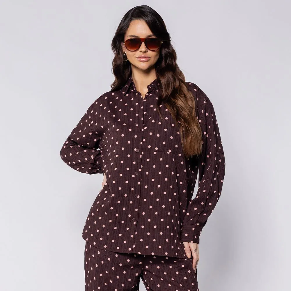 Camisa Feminina Alongada Listrada Boby Blues Poa Marrom/Rosa