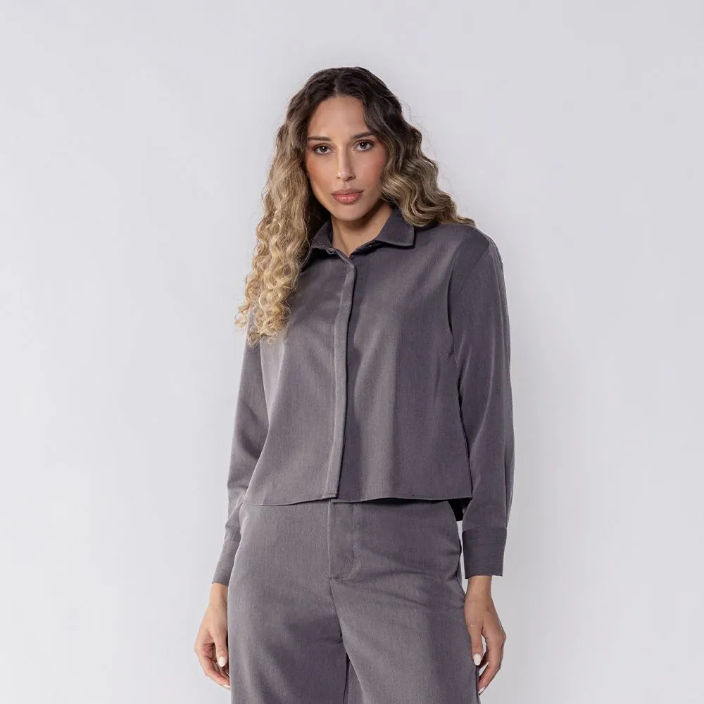 Camisa Feminina Cropped de Alfaiataria Patrícia Foster Dark Melange