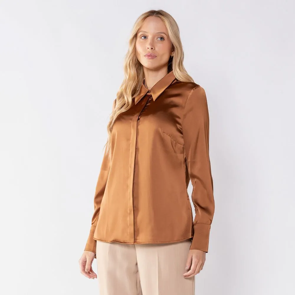Camisa Feminina de Cetim Patricia Foster Noz Moscada