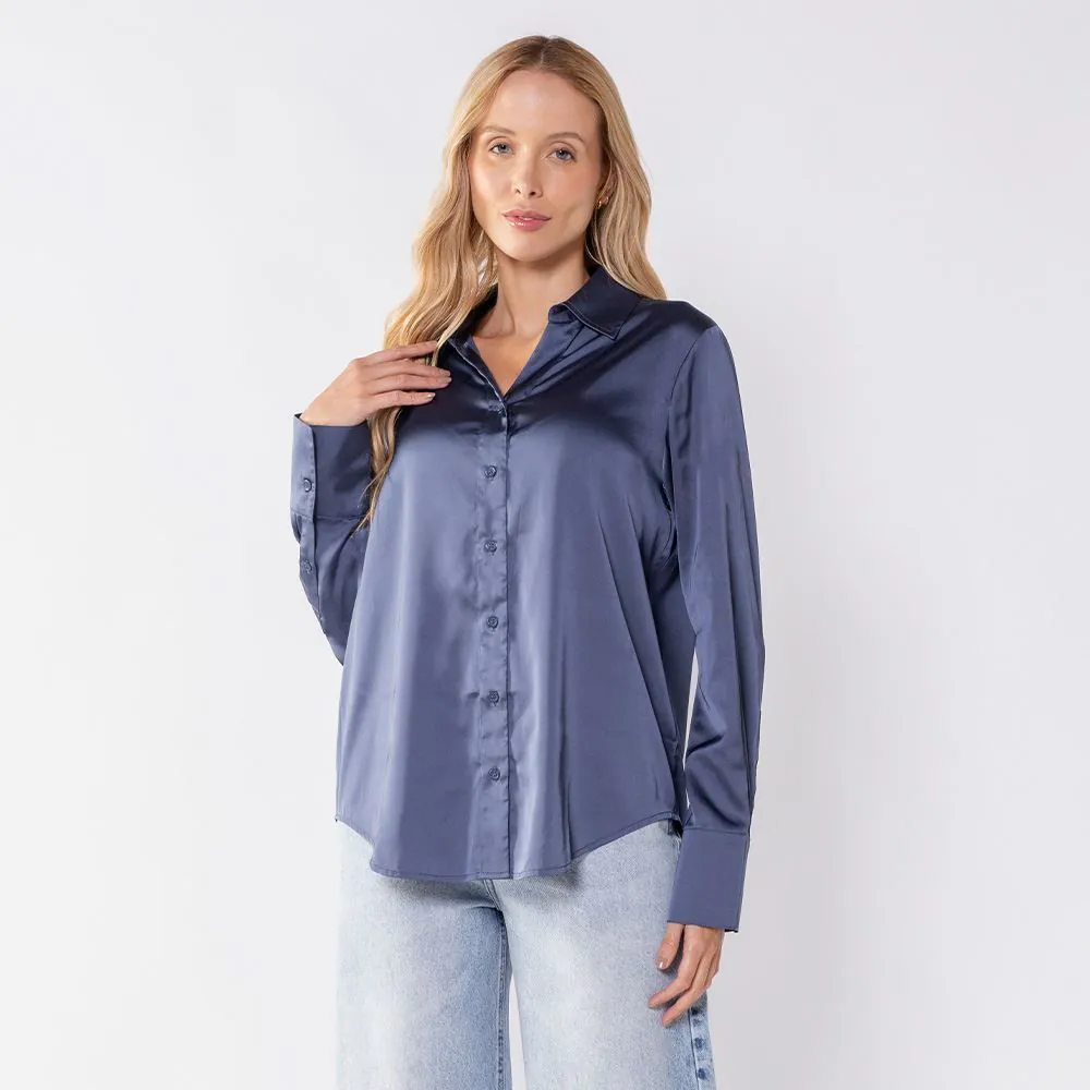 Camisa Feminina de Cetim Patricia Foster Indigo