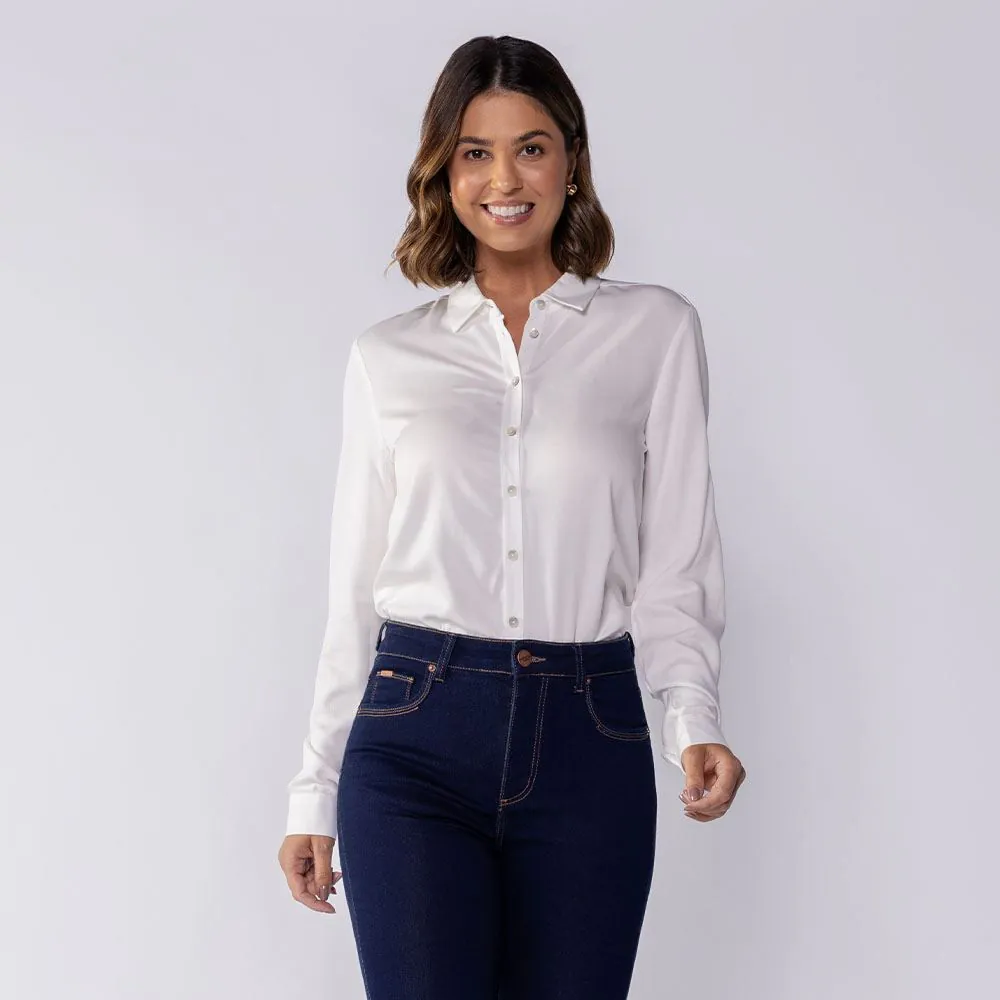 Camisa Feminina Manga Longa de Viscose Patricia Foster Off White