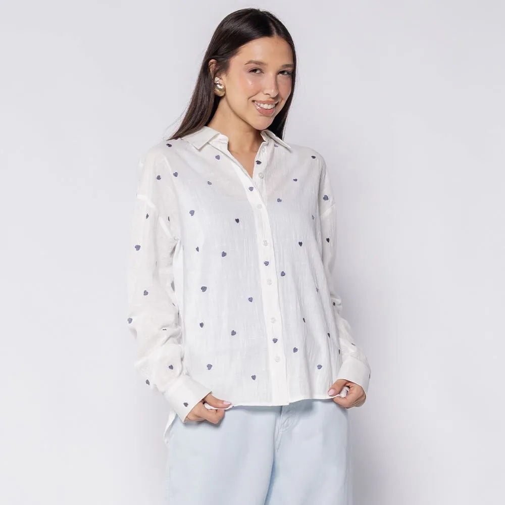Camisa Feminina em Algodão com Bordado Boby Blues Off C/ Azul