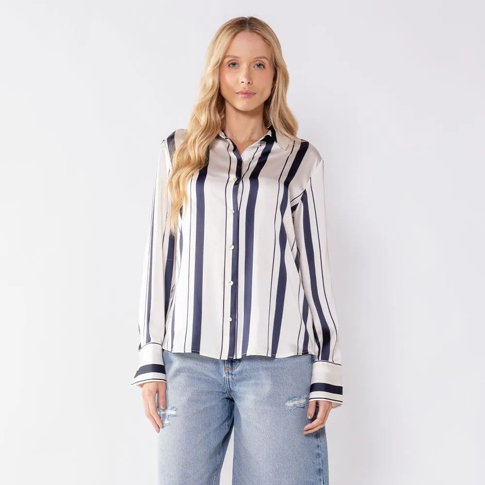 Camisa Feminina Listrada Acetinada Patricia Foster Off / Marinho