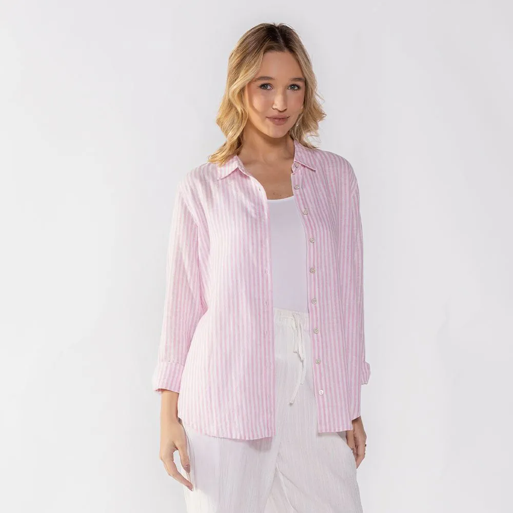 Camisa Feminina Listrada de Linho Patricia Foster Off White/Foundant