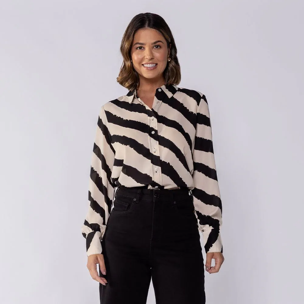 Camisa Feminina Manga Longa em Crepe Patricia Foster Listrado
