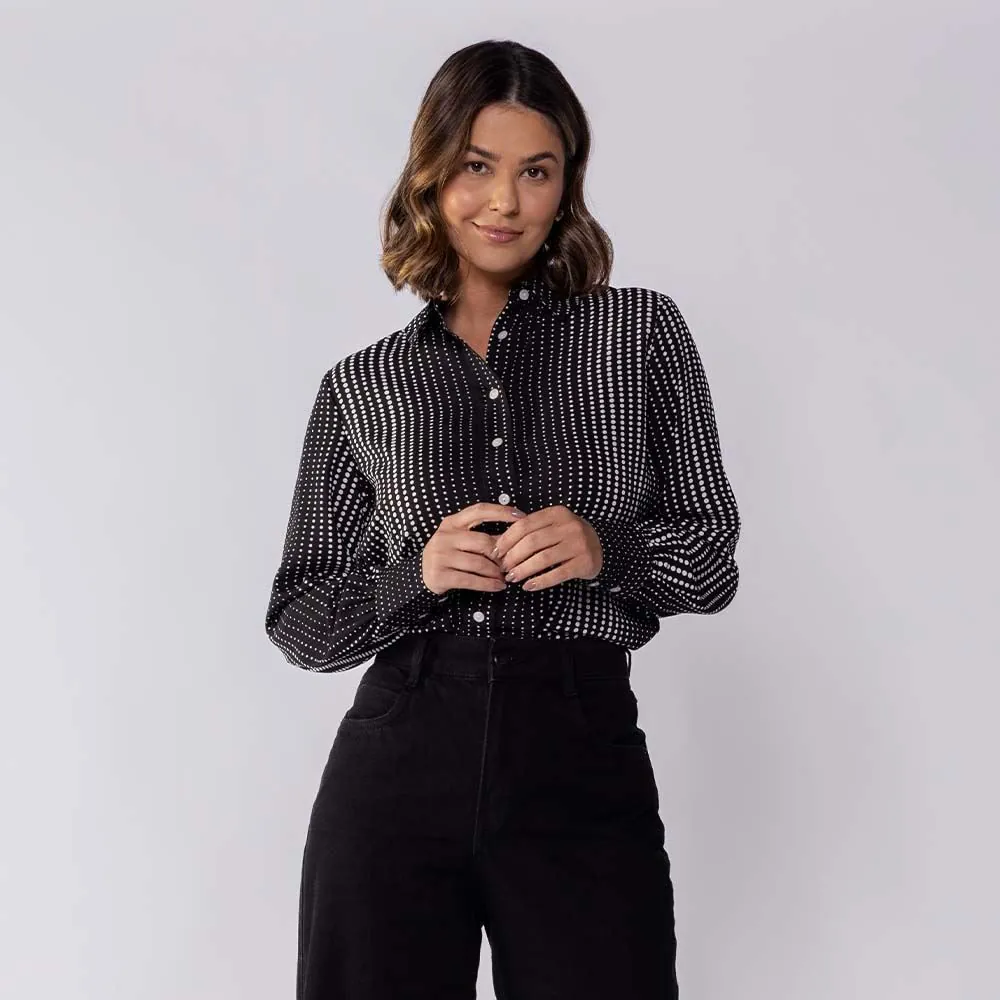 Camisa Feminina Manga Longa em Crepe Patricia Foster Poa Preto