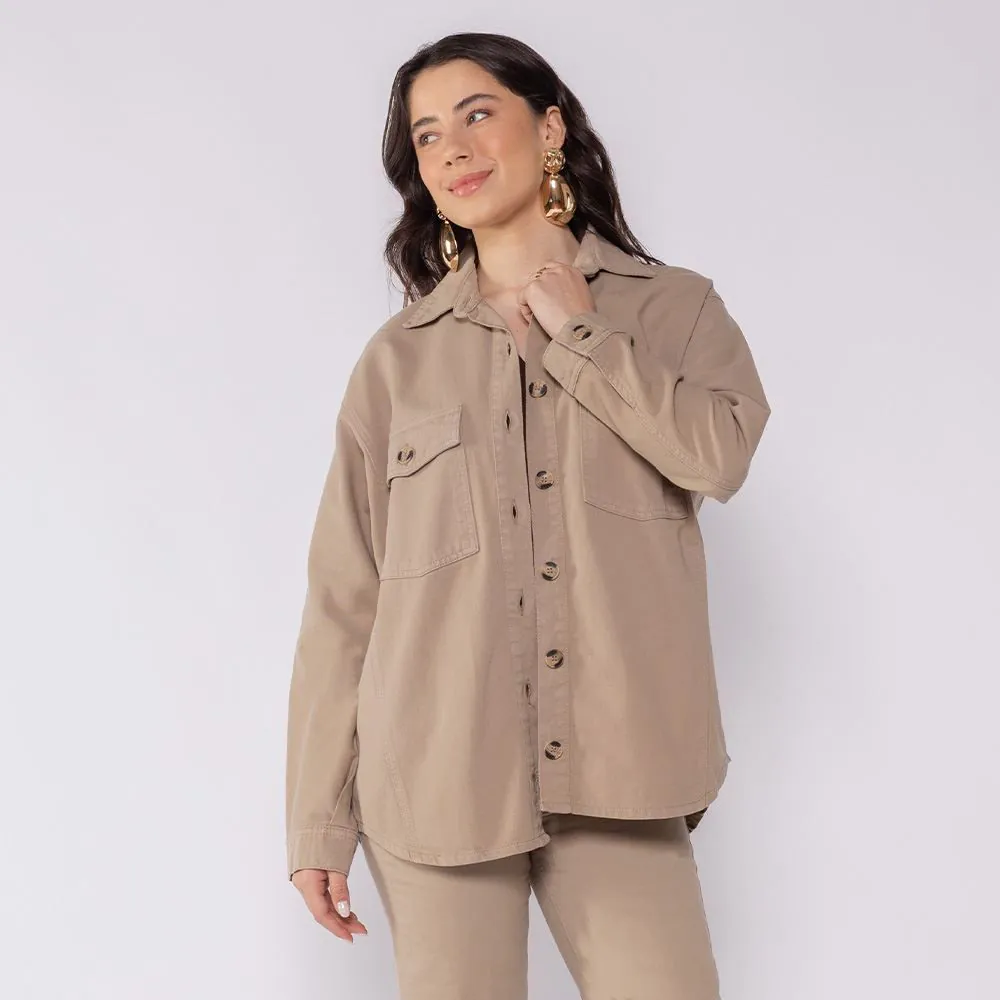Camisa Feminina Manga Longa em Sarja Patricia Foster Caqui