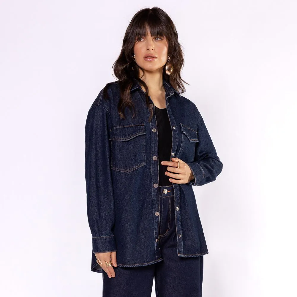 Camisa Jeans Feminina Alongada Patricia Foster Azul Escuro