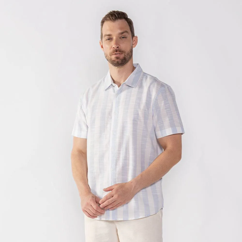 Camisa Masculina de Botão Algodão Thing Azul e Off White