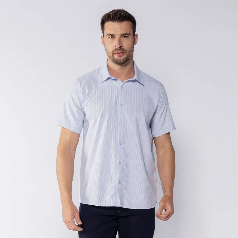 Camisa Masculina de Botão Tecido Plano Marc Alain Azul