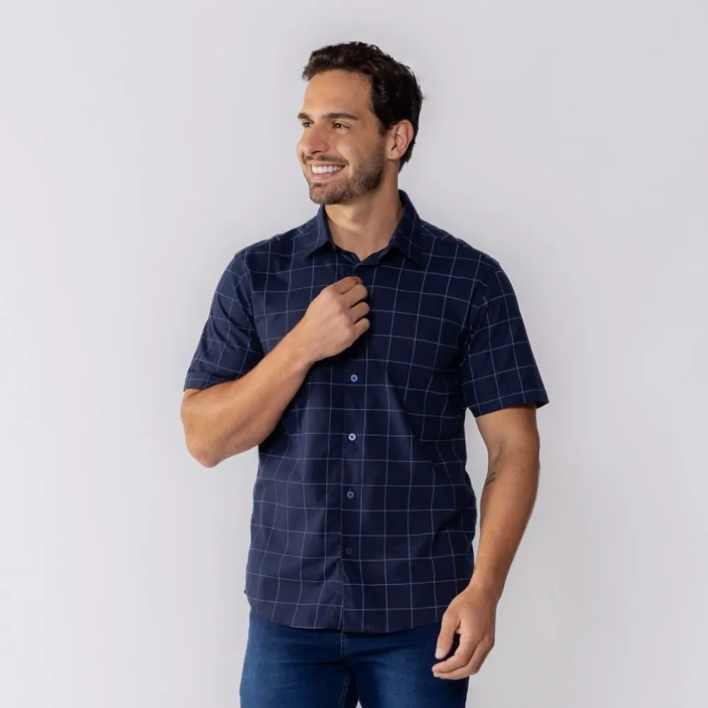 Camisa Masculina de Botão Xadrez Grid Marc Alain Azul Marinho