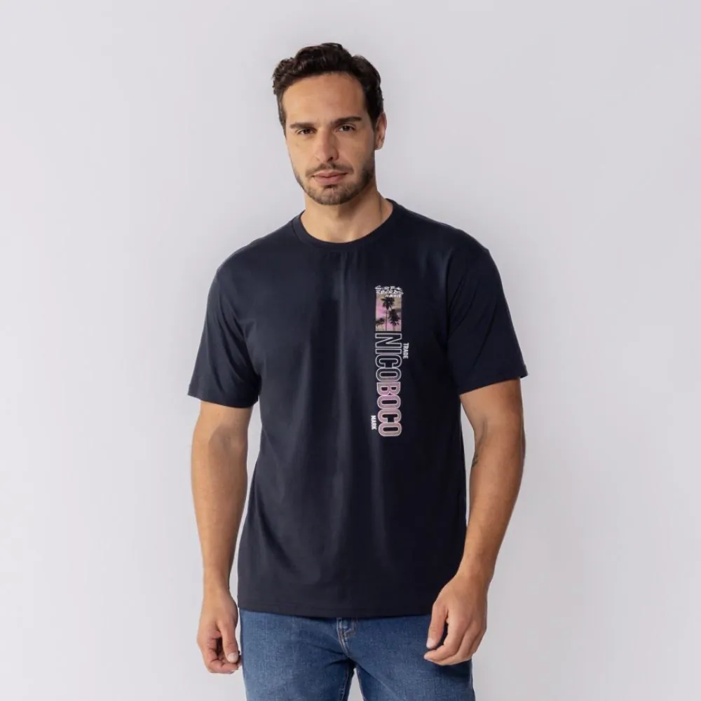 Camisa Masculina Manga Curta de Malha Nicoboco Azul Marinho