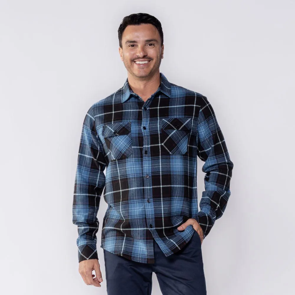 Camisa Masculina Xadrez de Flanela com Bolso Marc Alain Azul Jeans