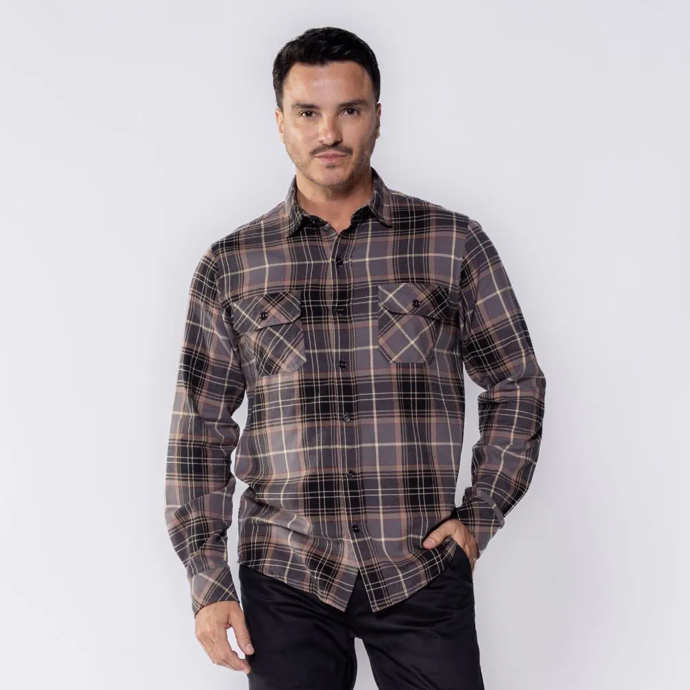 Camisa Masculina Xadrez de Flanela com Bolso Marc Alain Cinza