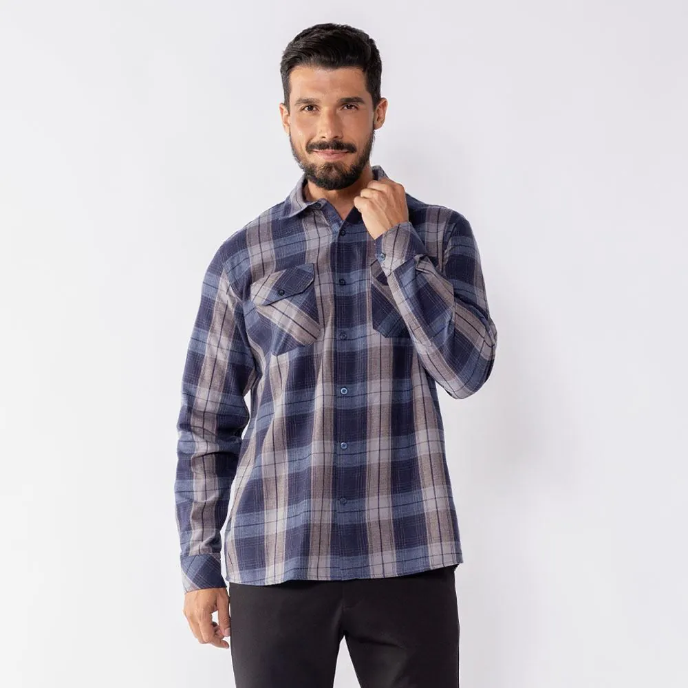 Camisa Masculina Xadrez em Algodão Marc Alain Azul