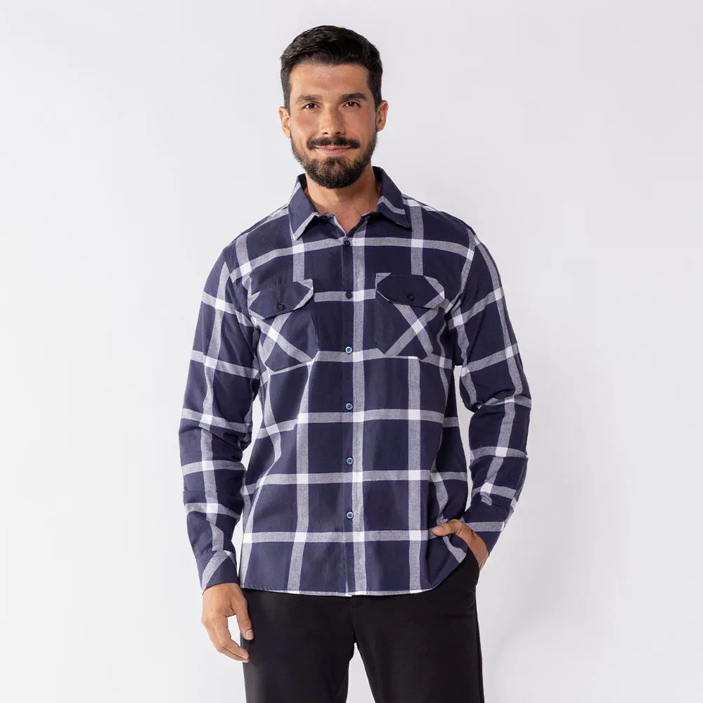 Camisa Masculina Xadrez em Algodão Marc Alain Azul Marinho