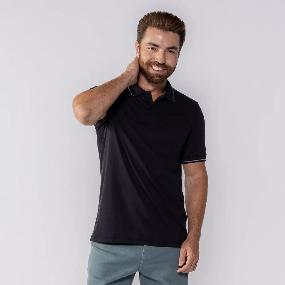 Camisa Polo Masculina com Bolso Marc Alain Preto