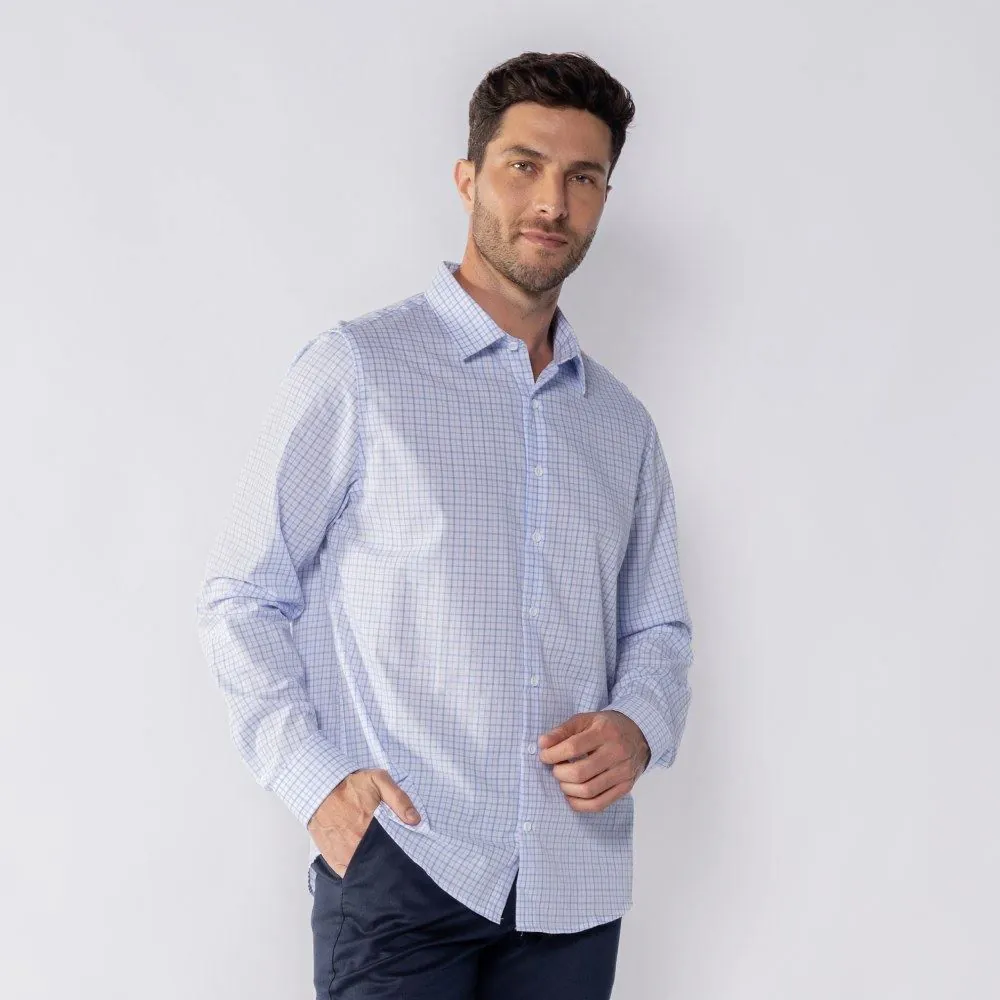 Camisa Social Masculina de Tricoline Marc Alain Xadrez Azul