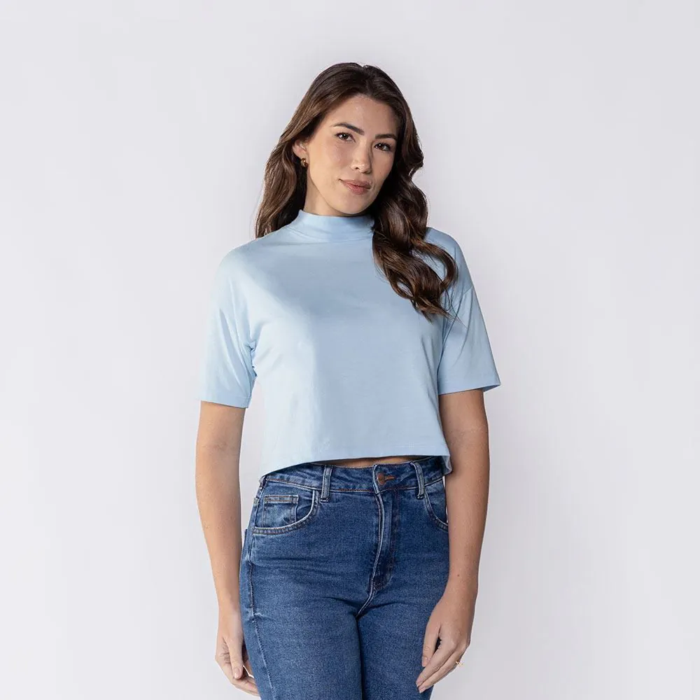 Camiseta Feminina Box Gola Alta de Algodão Boby Blues Azul Soft