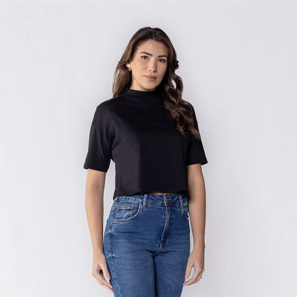 Camiseta Feminina Box Gola Alta de Algodão Boby Blues Preto