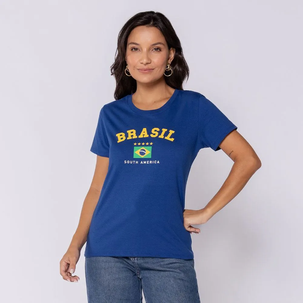 Camiseta Feminina Brasil Logo Boby Blues Azul
