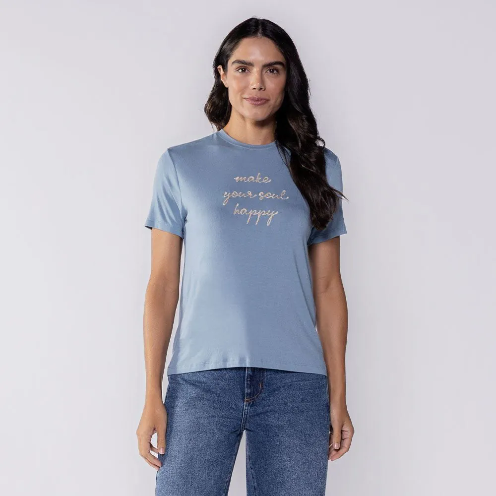 Camiseta Feminina com Bordado Patricia Foster Azul