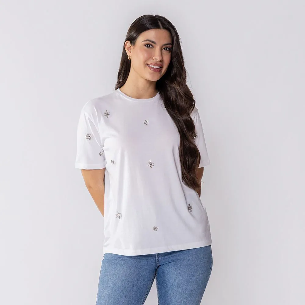 Camiseta Feminina com Pedraria Boby Blues Off White