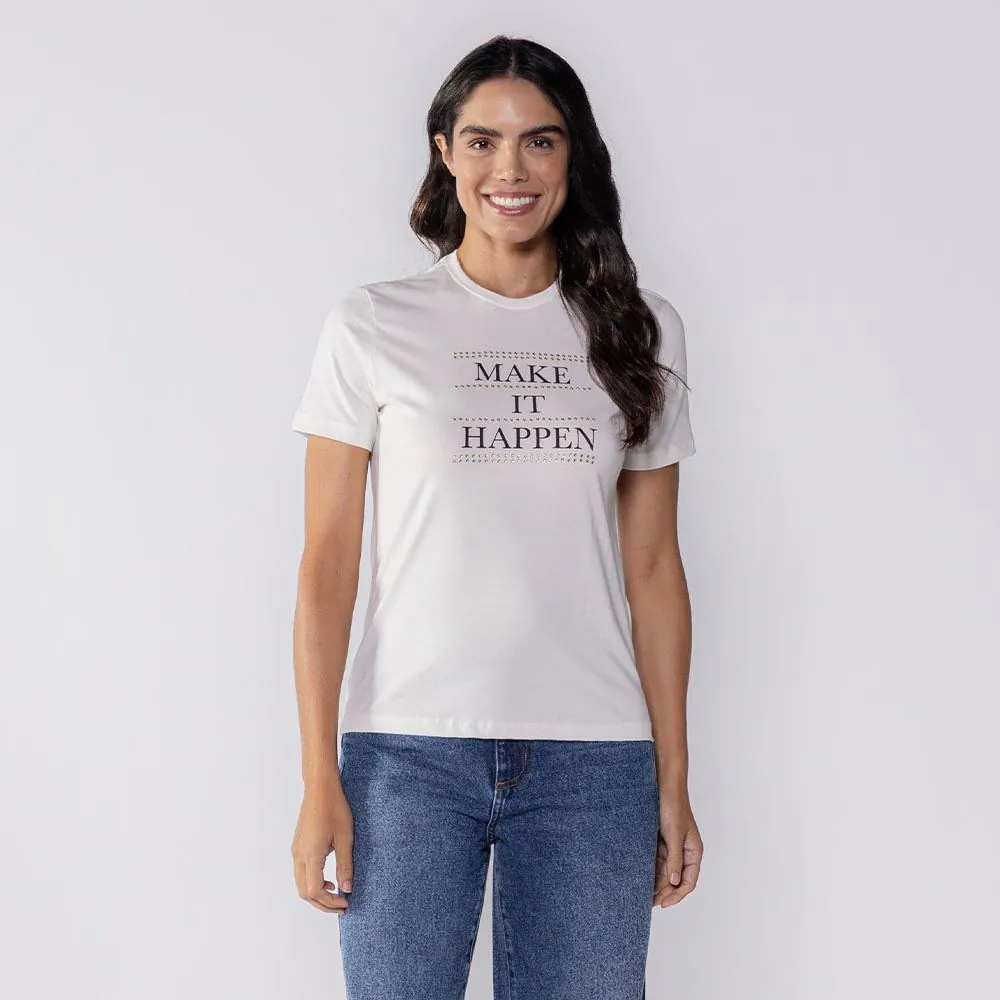 Camiseta Feminina com Strass Patricia Foster Off White