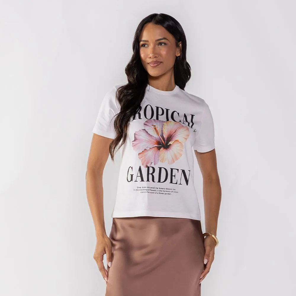 Camiseta Feminina Tropical Garden Boby Blues Off White