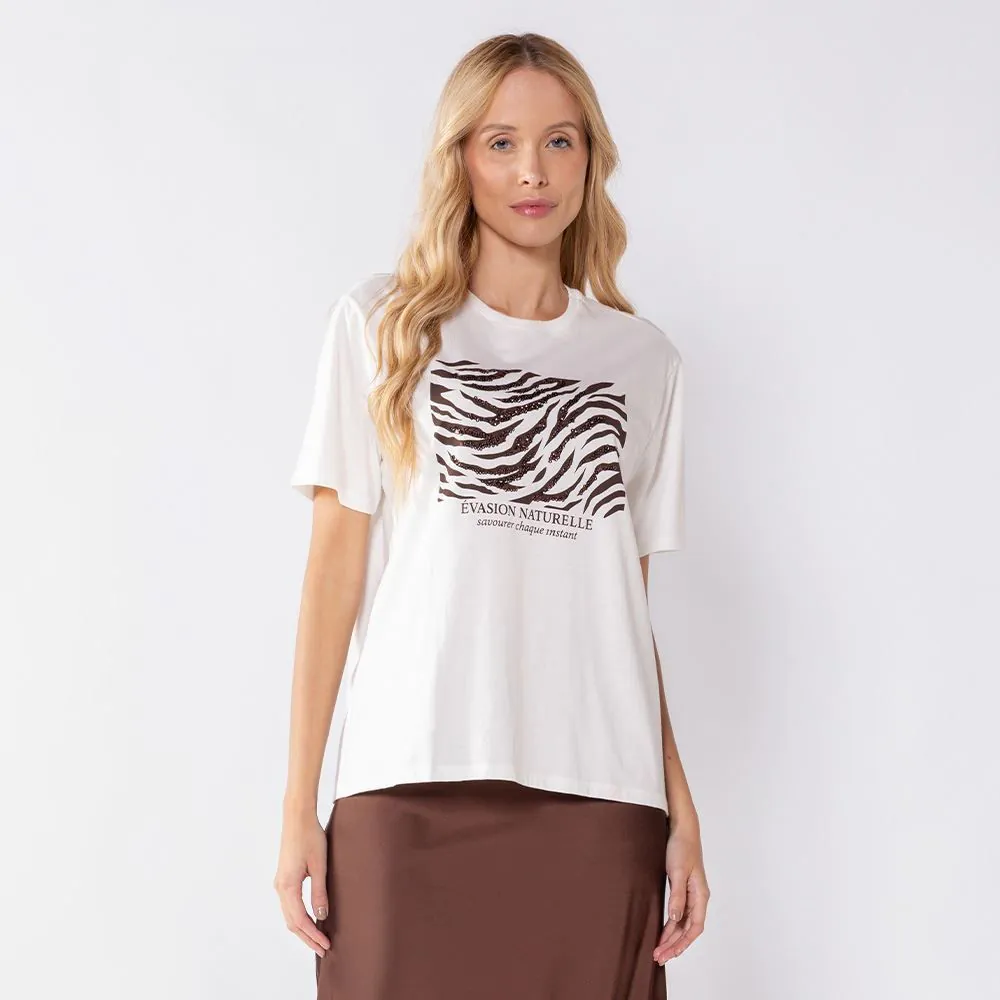 Camiseta Feminina Zebra com Paetê Patricia Foster Off White
