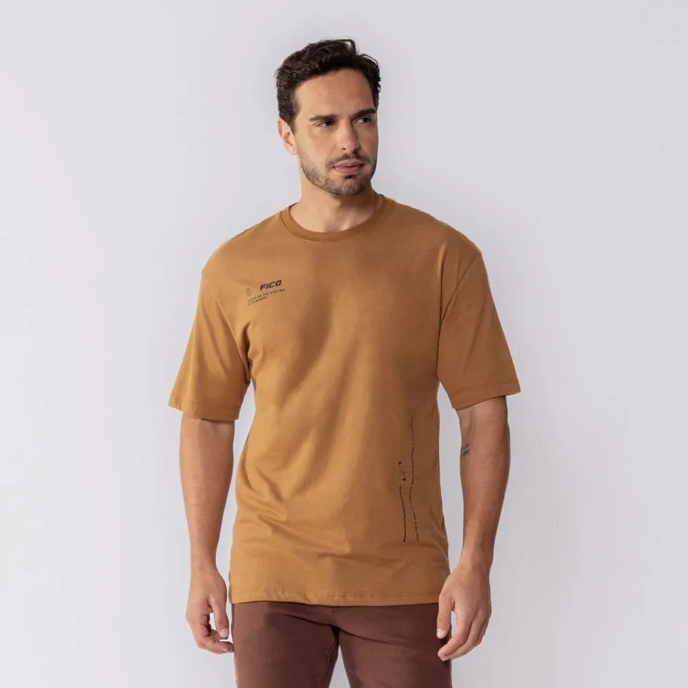 Camiseta Oversized Masculina Meia Malha Fico Marrom Godiva