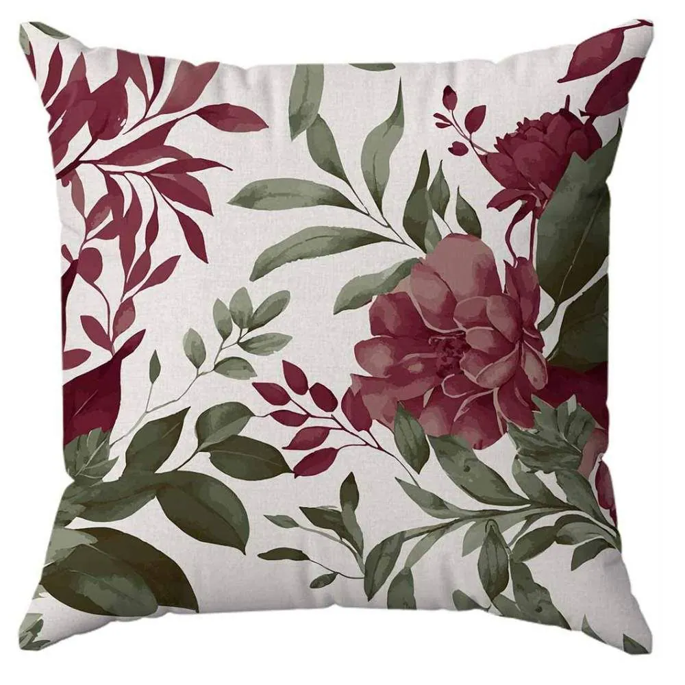 Capa de Almofada 43X43 cm Veludo Estampada - Flores Bordô e Verde